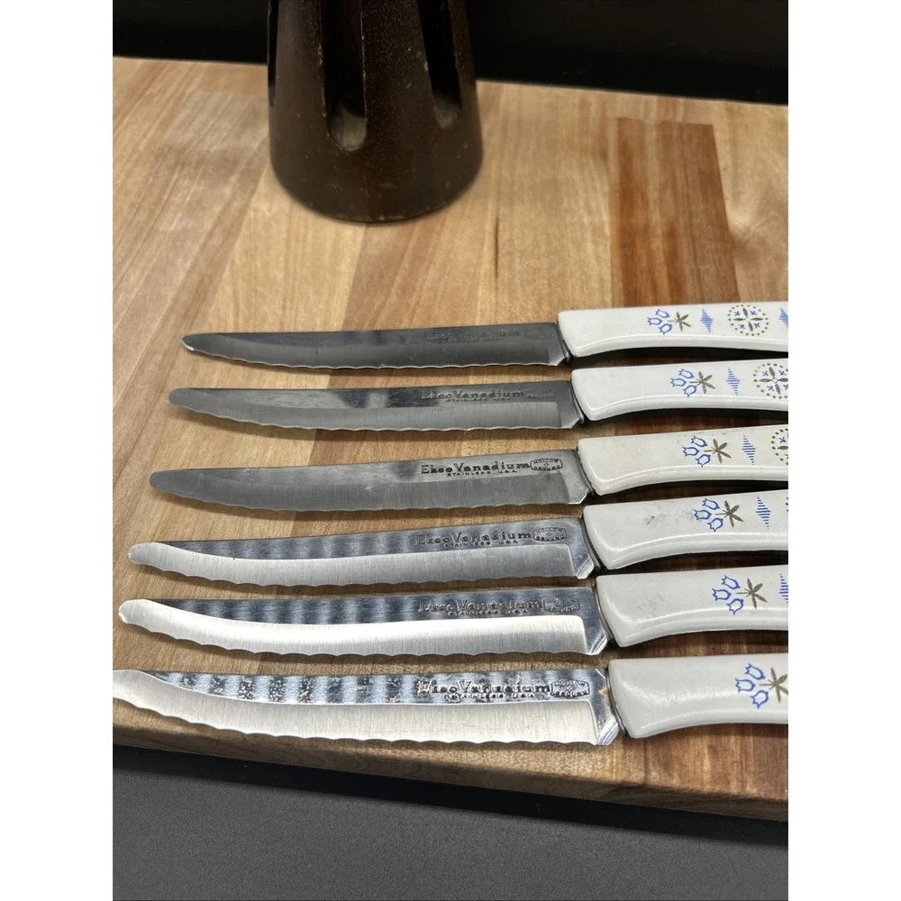 6 Vintage EKCO Vanadium Dutch Tulip Steak Knives USA Hollow Ground Set w Holder
